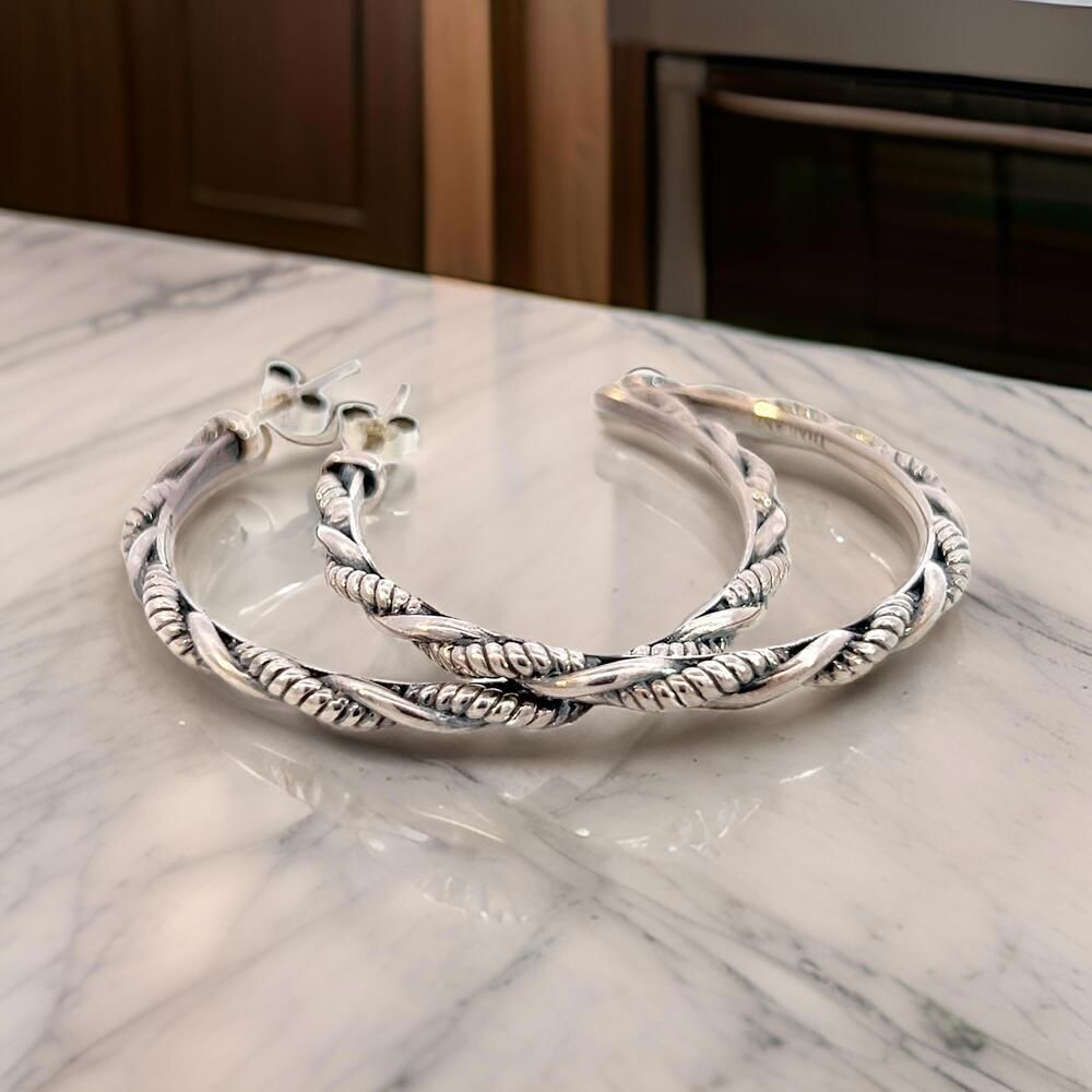 John Hardy Estate "Jai" Hoop Earrings 1.75" Silver JH105
